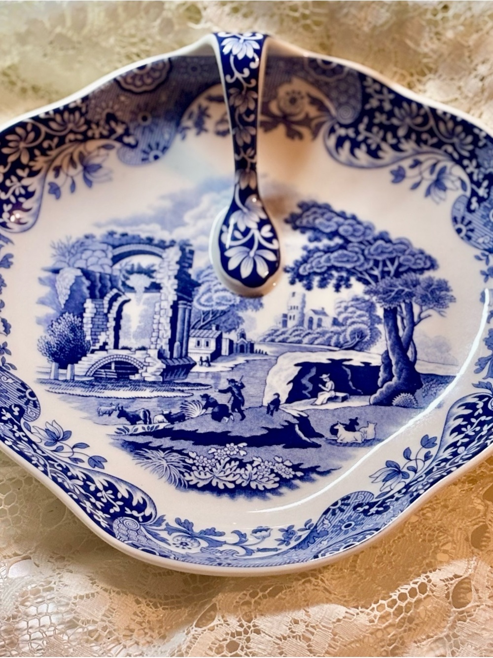 Spode Blue and White Transferware Serving Dish with Spoon